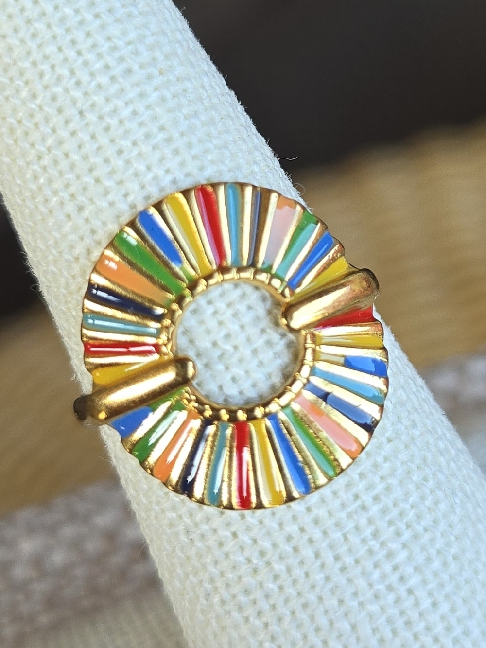 NWOT Gold-tone Fashion Multicolor Enamel Sunburst Adjustable Ring